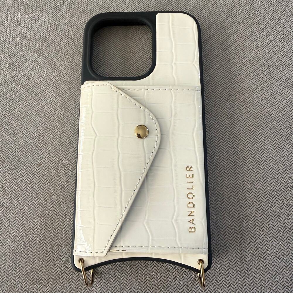 Bandolier iPhone 15 Pro White Croc Wallet Phone Case Card Holder No Strap